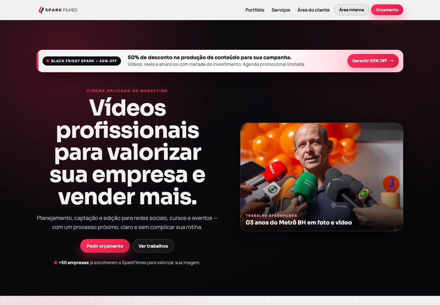 Captura real do site Spark Filmes